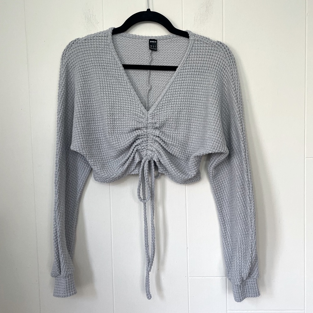 Waffle Knit Crop Top Blouse Size XS Blue Grey V-neck Cinch Tie Front Long Sleeve